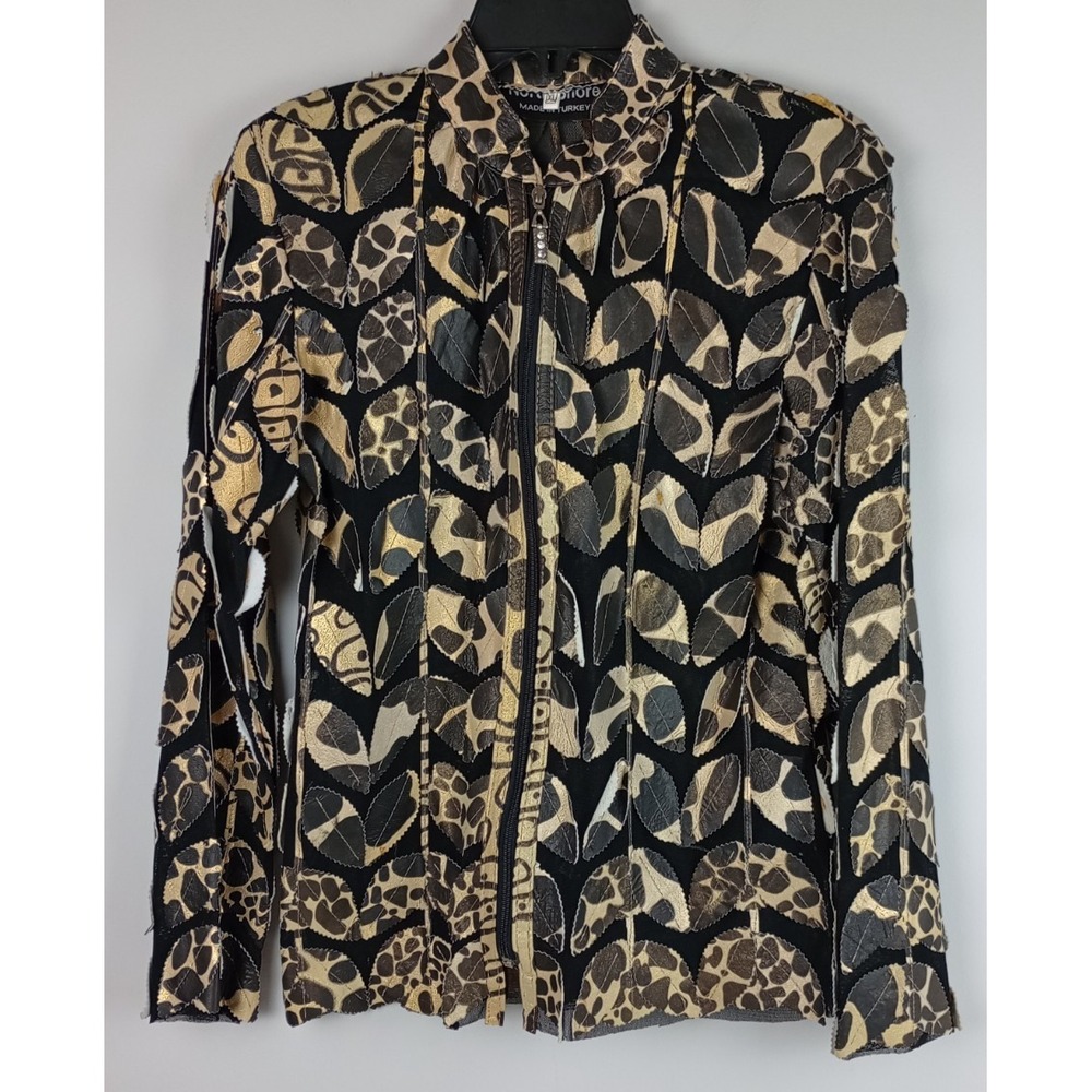 North Shore Womens XL Gold Black Genuine Lambskin Leather Leaf Mesh Jacket
